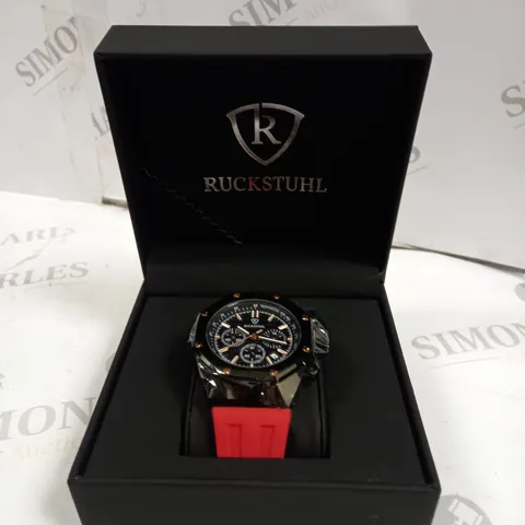 MENβS RUCKSTUHL CHRONOGRAPH R400 WATCH β BLACK COLOUR CASE β BLACK DIAL β 3ATM WATER RESISTANT β RED RUBBER STRAP