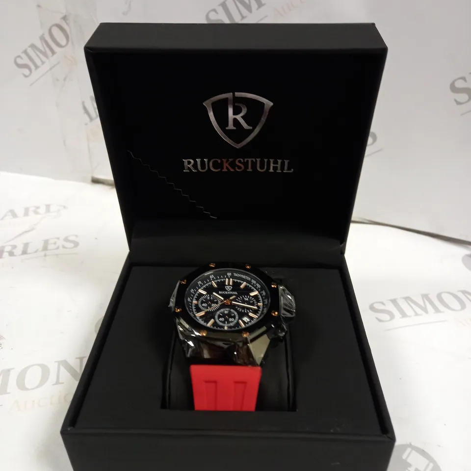 MEN’S RUCKSTUHL CHRONOGRAPH R400 WATCH – BLACK COLOUR CASE – BLACK DIAL – 3ATM WATER RESISTANT – RED RUBBER STRAP