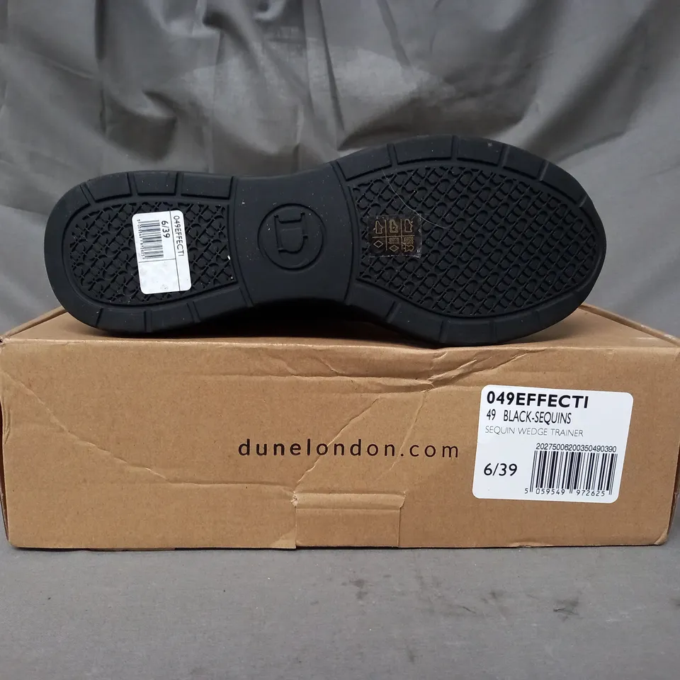 BOXED PAIR OF DUNE LONDON EFFECTIVE WEDGE SEQUIN TRAINERS IN BLACK SIZE 6