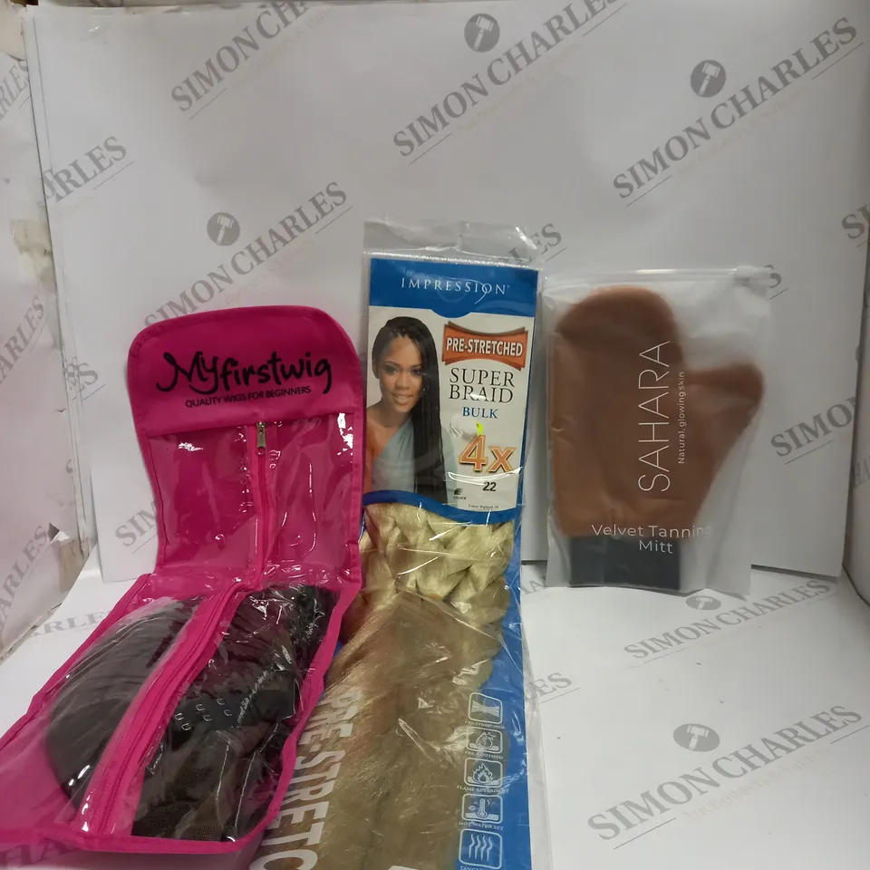 BOX OF APPROX 10 ASSORTED HEALTH AND BEAUTY ITEMS TO INCLUDE - IMPRESSION PRE STRETCHED SUPER BRAID BULK 4X - SAHARA VELVET TANNING MITT - MY FIRSTWIG FOR BEGINNERS ECT