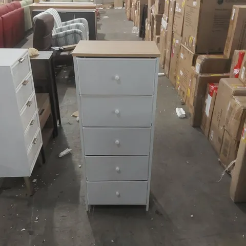 CHEST OF DRAWERS BEDROOM, DRAWER STORAGE UNIT, DRESSER WITH 5 FABRIC DRAWERS, METAL FRAME, TALL AND SLIM, FOR CLOSET, DOVE GREY AND CREAM WHITE
