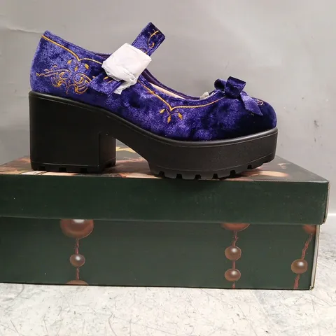 BOXED PAIR OF KOI TIRA VELVET MARY JANES ROYAL MANOR EDITION IN PURPLE SIZE UK 3