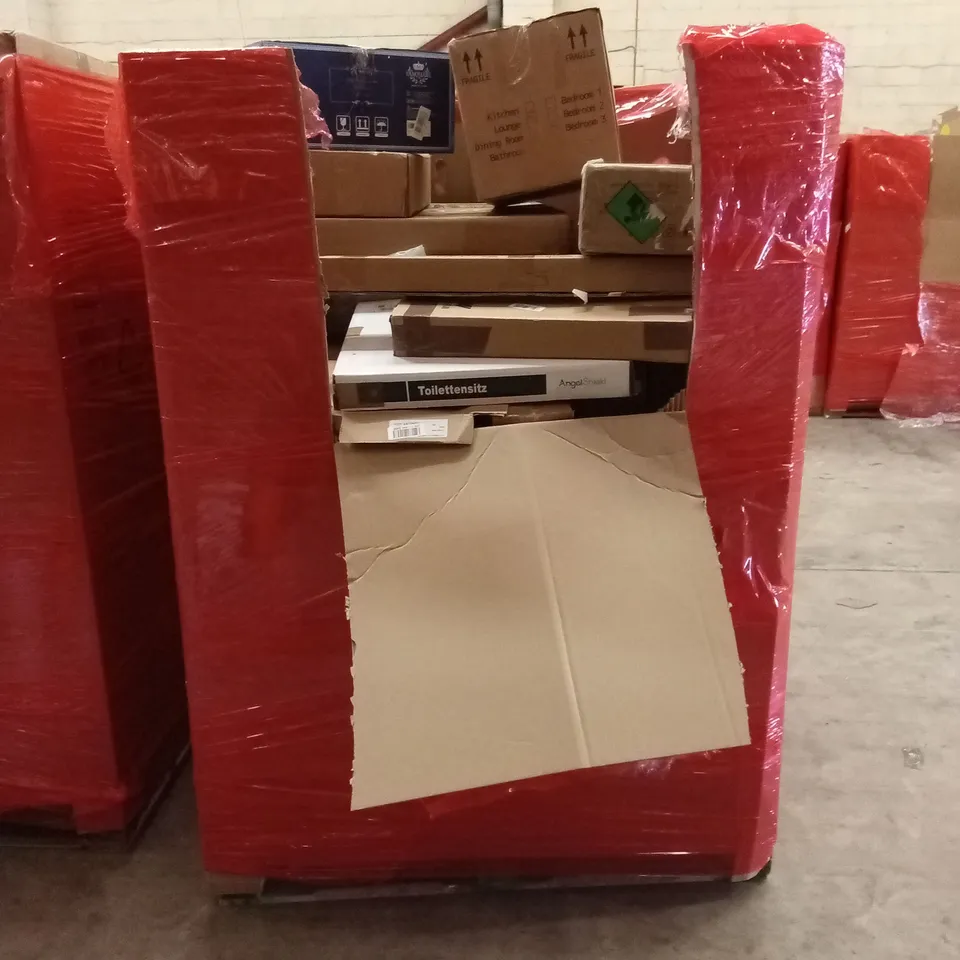PALLET OF ASSORTED HOUSEHOLD GOODS AND PRODUCTS TO INCLUDE; TOILET SEATS, BOXED FURNITURE ETC