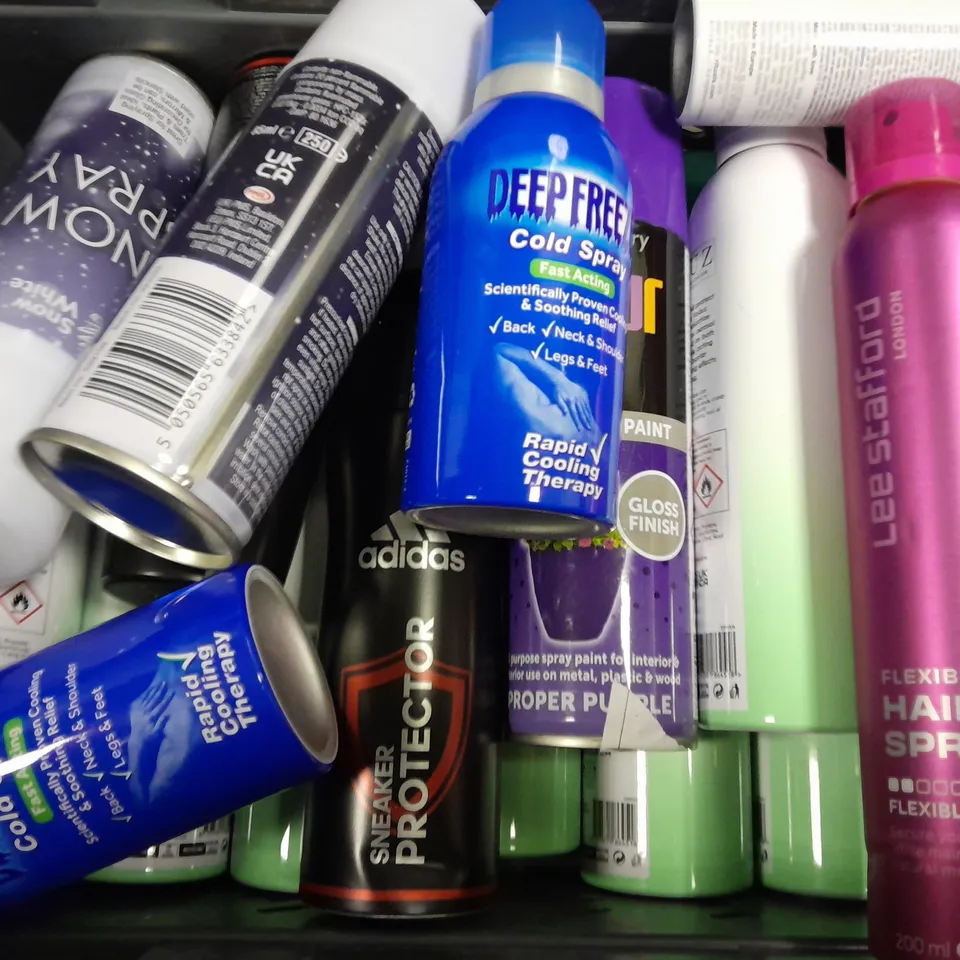 APPROXIMATELY 15 ASSORTED AEROSOLS TO INCLUDE - VODUZ SPRAY , ADIDAS SNEAKER PROTECTOR , SNOW SPRAY ETC