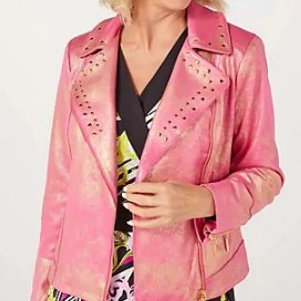BOX OF 13 JULIEN MACDONALD PINK/GOLD BIKER JACKET - SIZE 12