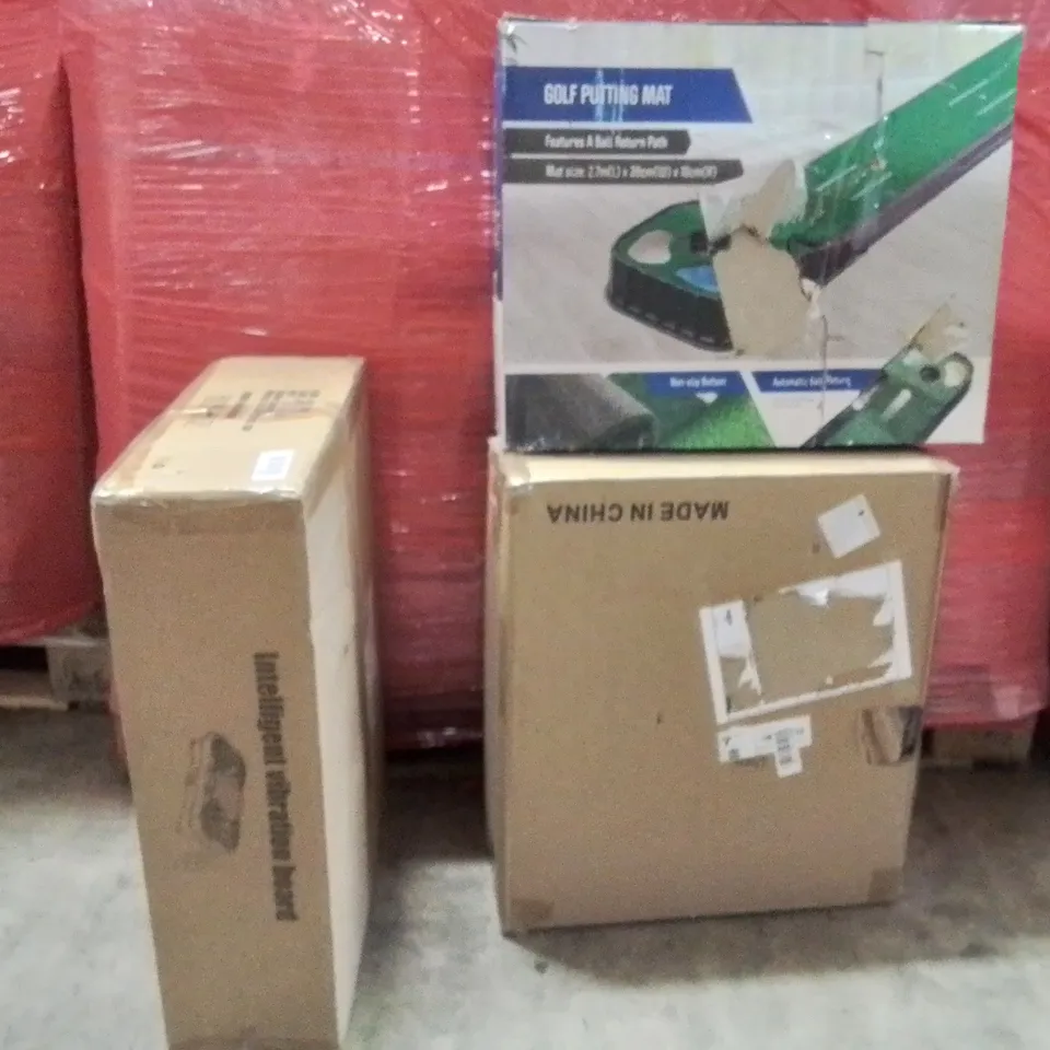 PALLET OF ASSORTED HOUSEHOLD GOODS AND PRODUCTS TO INCLUDE;GOLF PUTTING MAT,DOG RAMP,INTELLIGENT VIBRATION BOARD