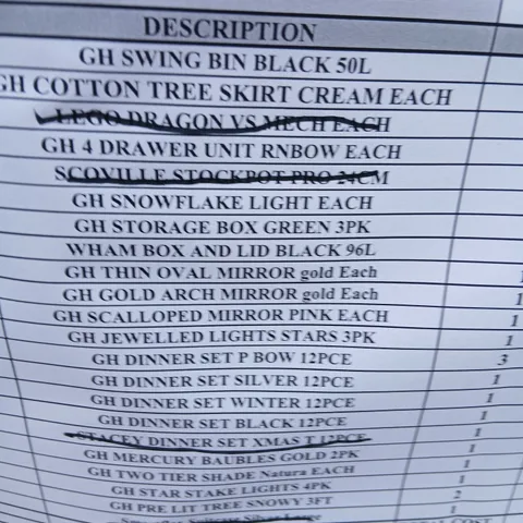 PALLET OF APPROXIMATELY 21 ASSORTED PRODUCTS TO INCLUDE; SWING BIN BLACK, COTTON TREE SKIRT, SNOWFLAKE LIGHT, DINNER SETS AND JEWELLED LIGHTS STARS