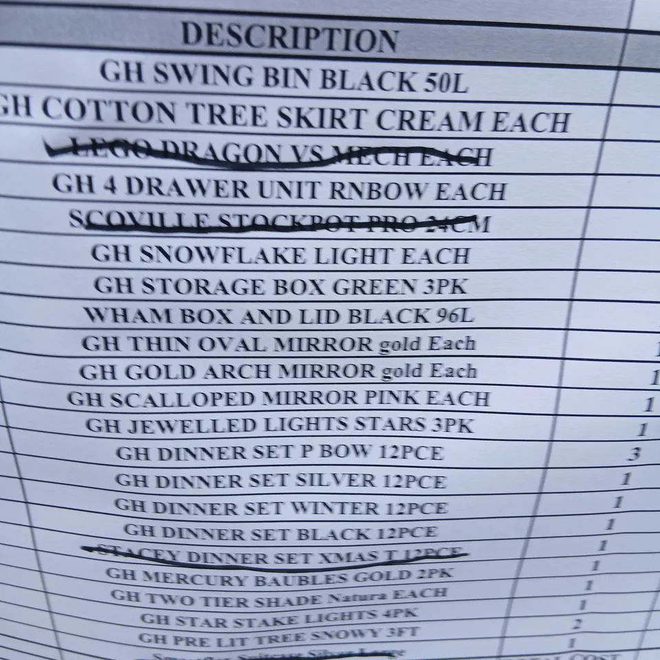PALLET OF APPROXIMATELY 21 ASSORTED PRODUCTS TO INCLUDE; SWING BIN BLACK, COTTON TREE SKIRT, SNOWFLAKE LIGHT, DINNER SETS AND JEWELLED LIGHTS STARS