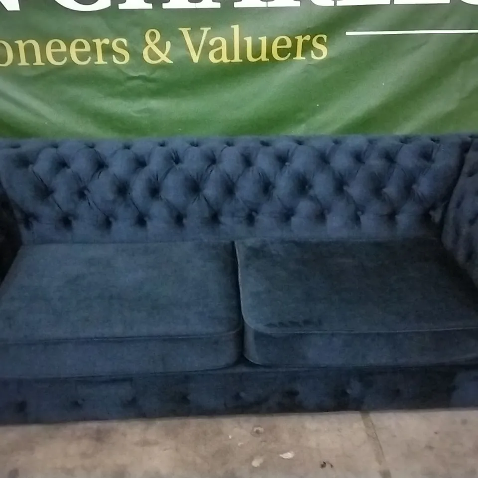 QUALITY DESIGNER NAVY BLUE PLUSH FABRIC 3 SEATER CHESTERFIELD SOFA