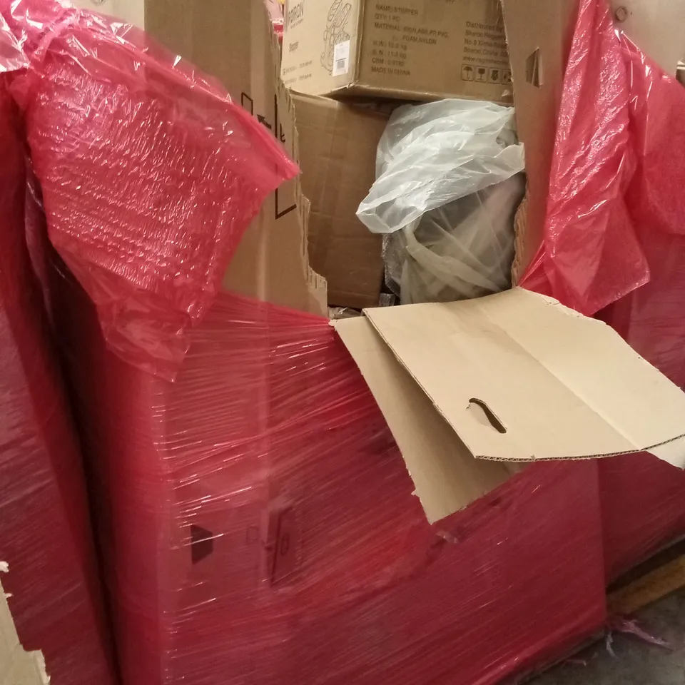 PALLET OF ASSORTED HOUSEHOLD GOODS AND PRODUCTS TO INCLUDE; PAPER SHREDDER, AIR COOLER, BOXED FURNITURE ETC 