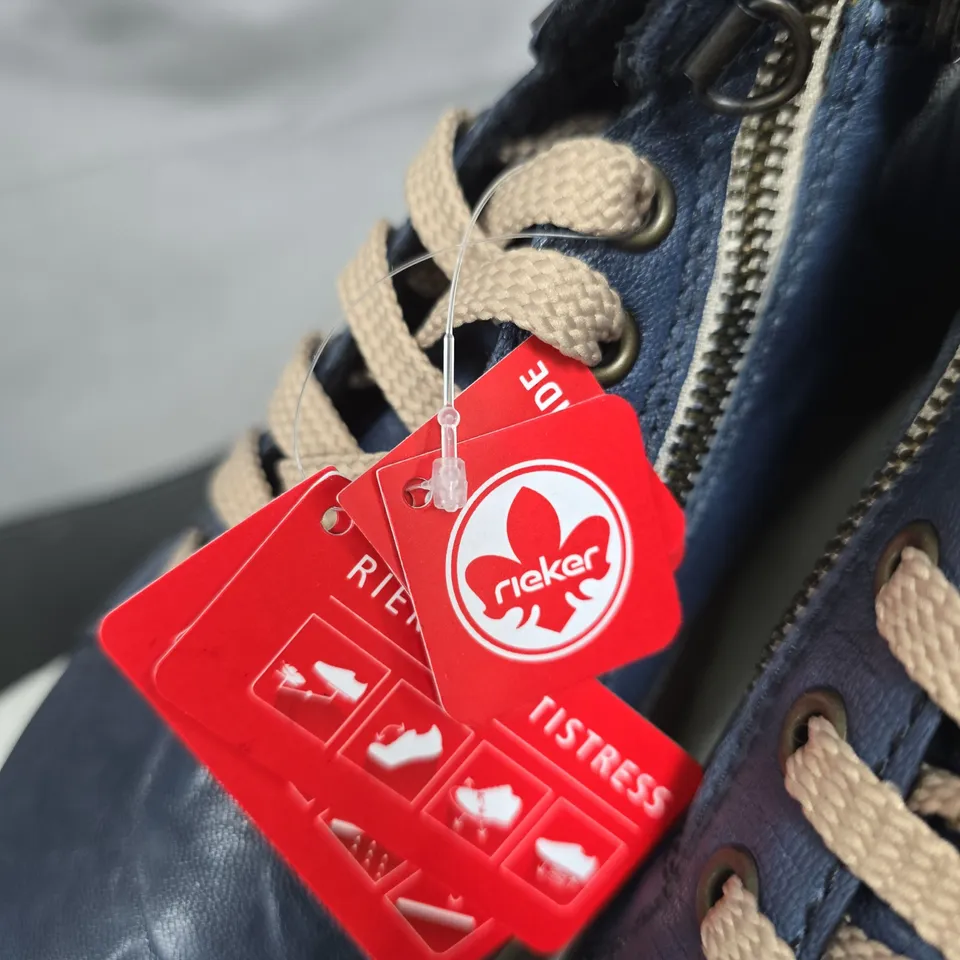 RIEKER WOMEN'S BLUE LEATHER TRAINERS WITH MULTICOLOURED KNIT COLLAR UK 4