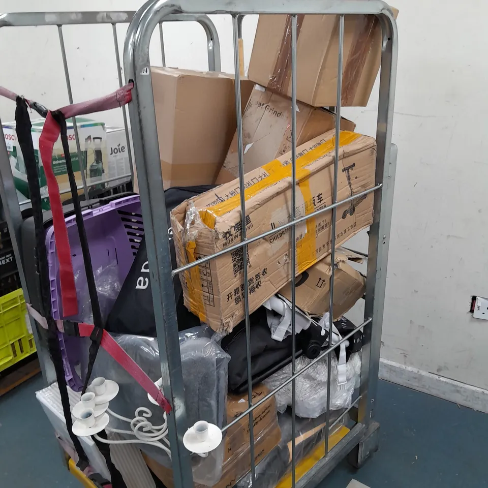 CAGE OF ASSORTED HOUSEHOLD GOODS TO INCLUDE DRYING RACK, SOUNDS ABSORPTION PANELS, CHICCO CHILD SEAT, WALL TV BRACKET, AND DOG BED ETC. 