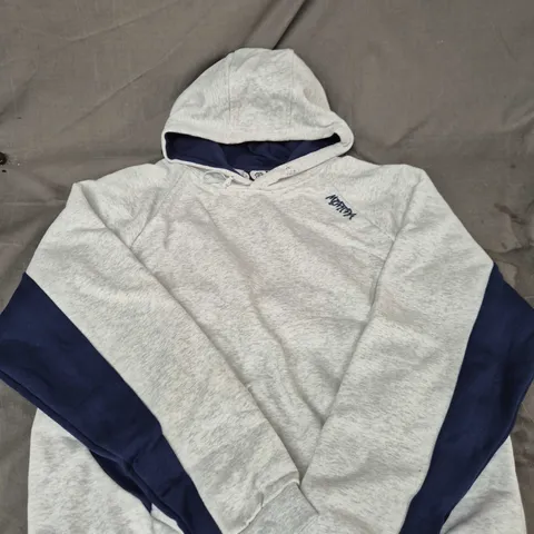 Hooded sweatshirt – Grey body with navy sleeves – Size L 