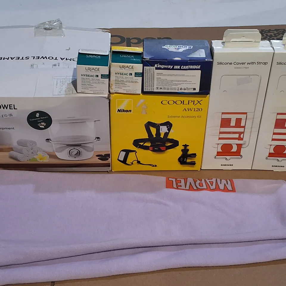 LOT OF APPROXIMATELY 30 ASSORTED ITEMS TO INCLUDE NIKON ACCESSORY KIT, SAMSUNG COVERS,MARVEL JOGGERS AND URIAGE SOS PASTE