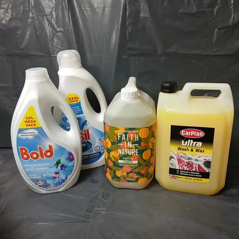 4 ASSORTED LARGE LIQUIDS TO INCLUDE CARPLAN ULTRA WASH & WAX, FAITH IN NATURE SHAMPOO, BOLD SPRING AWAKENING, ETC