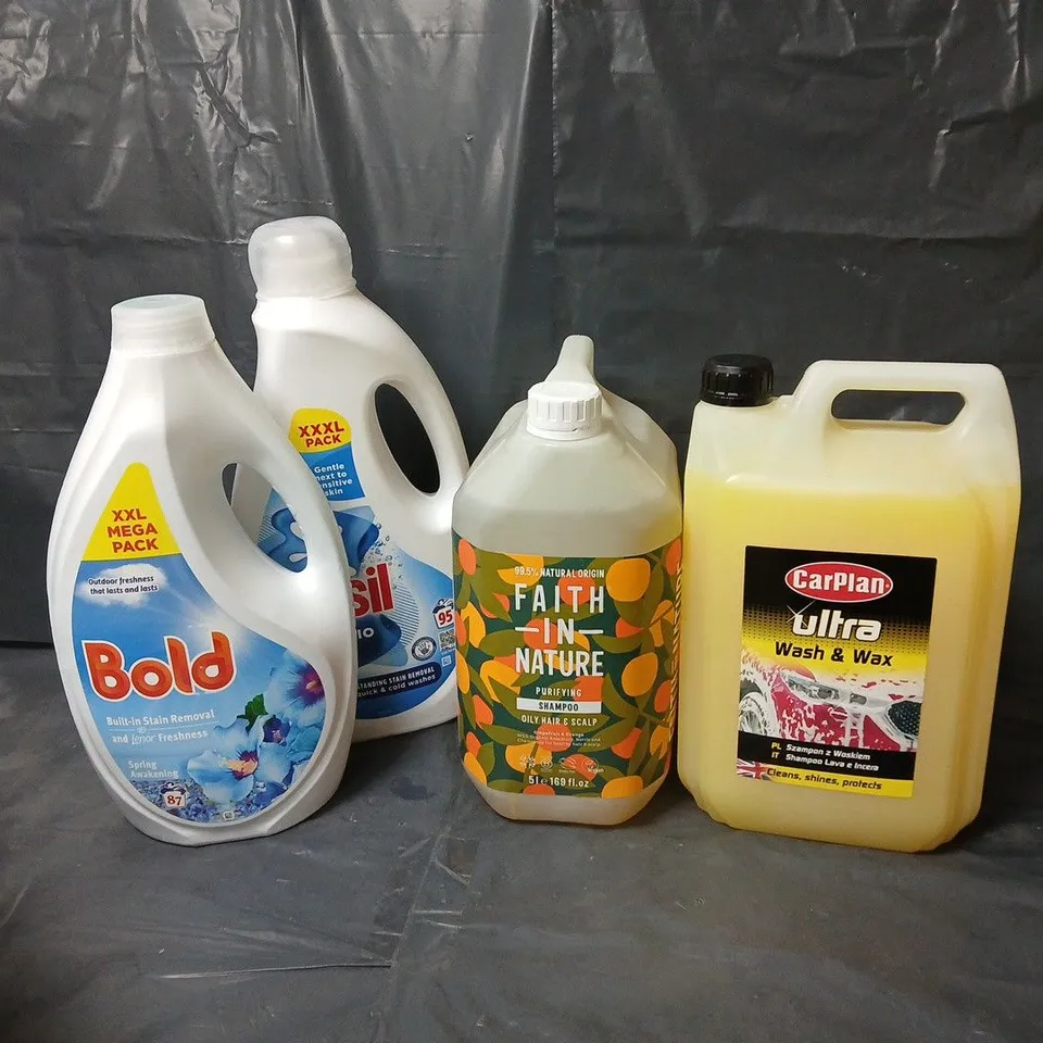 4 ASSORTED LARGE LIQUIDS TO INCLUDE CARPLAN ULTRA WASH & WAX, FAITH IN NATURE SHAMPOO, BOLD SPRING AWAKENING, ETC