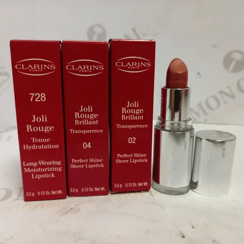 LOT OF 3 CLARINS JOLI ROUGE LIPSTICKS IN ASSORTED COLOURS