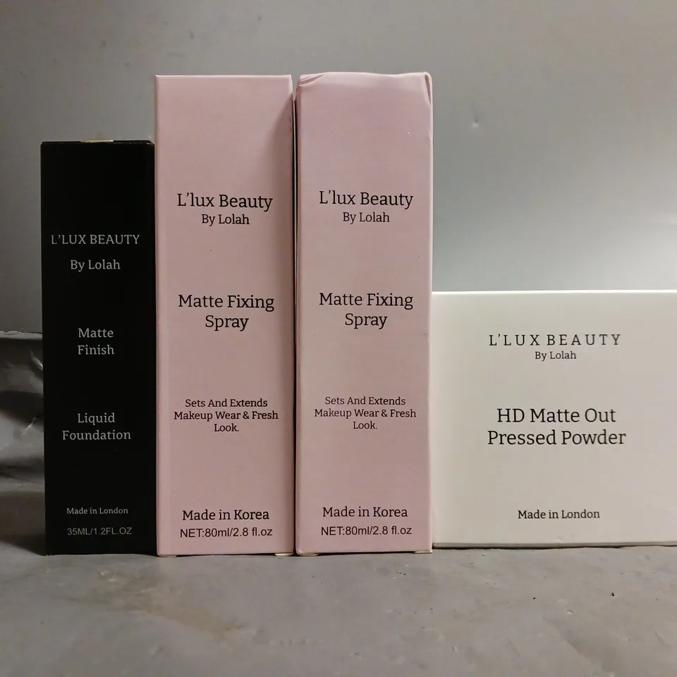 SET OF APPROXIMATELY 16 ASSORTED L'LUX BEAUTY ITEMS TO INCLUDE - MATTE FIXING SPRAY , MATTE FINISH , PRESSED POWDER