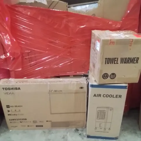 PALLET OF ASSORTED HOUSEHOLD GOODS AND PRODUCTS TO INCLUDE;32 INCH TV,AIR COOLER,TOWEL WARMER