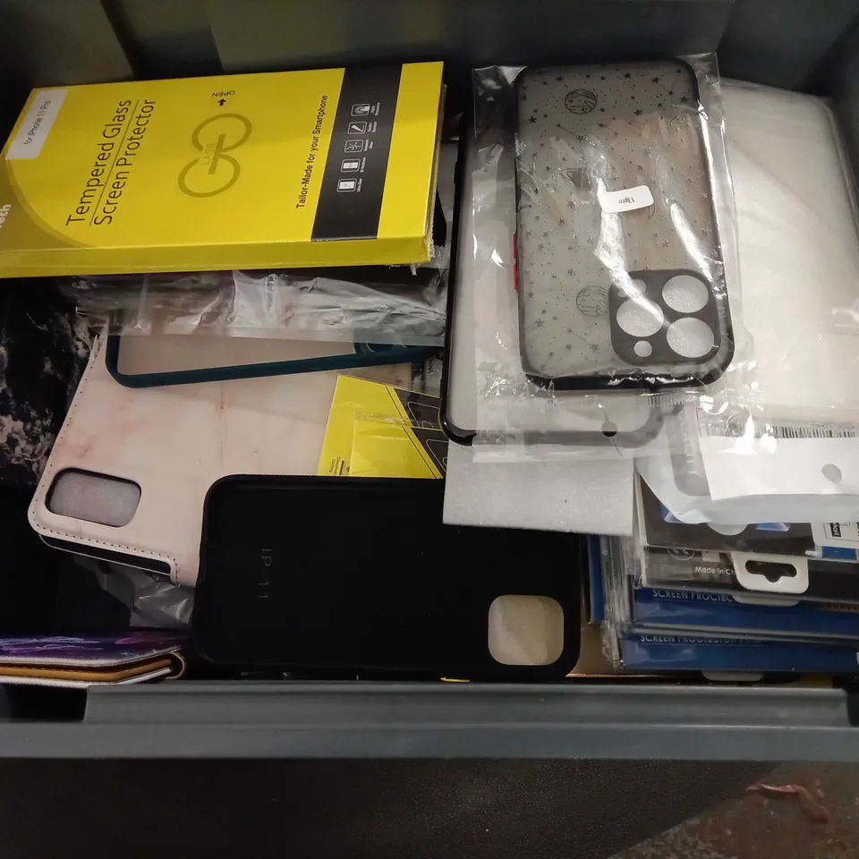 CRATE OF ASSORTED MOBILE PHONE CASES AND SCREEN PROTECTORS
