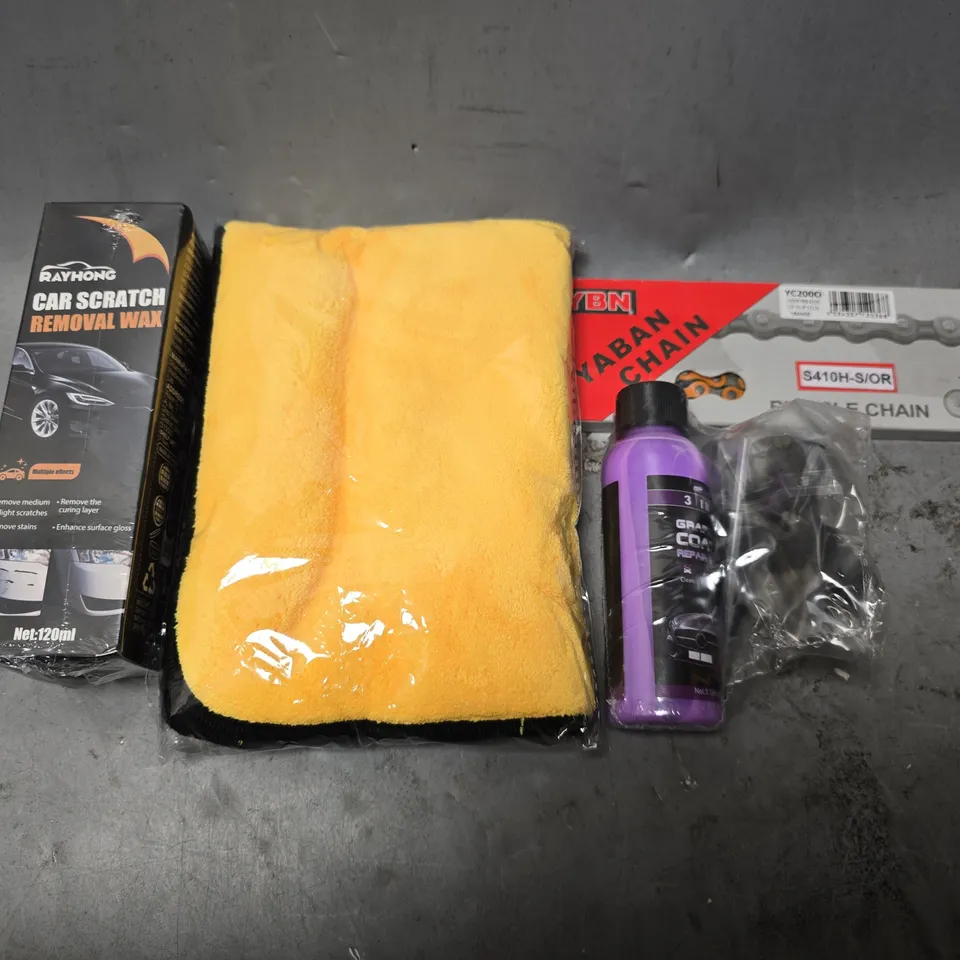 APPROXIMATELY 8 ASSORTED ITEMS TO INCLUDE - YBN YABAN CHAIN , CAR SCRATCH REMOVAL WAX ETC