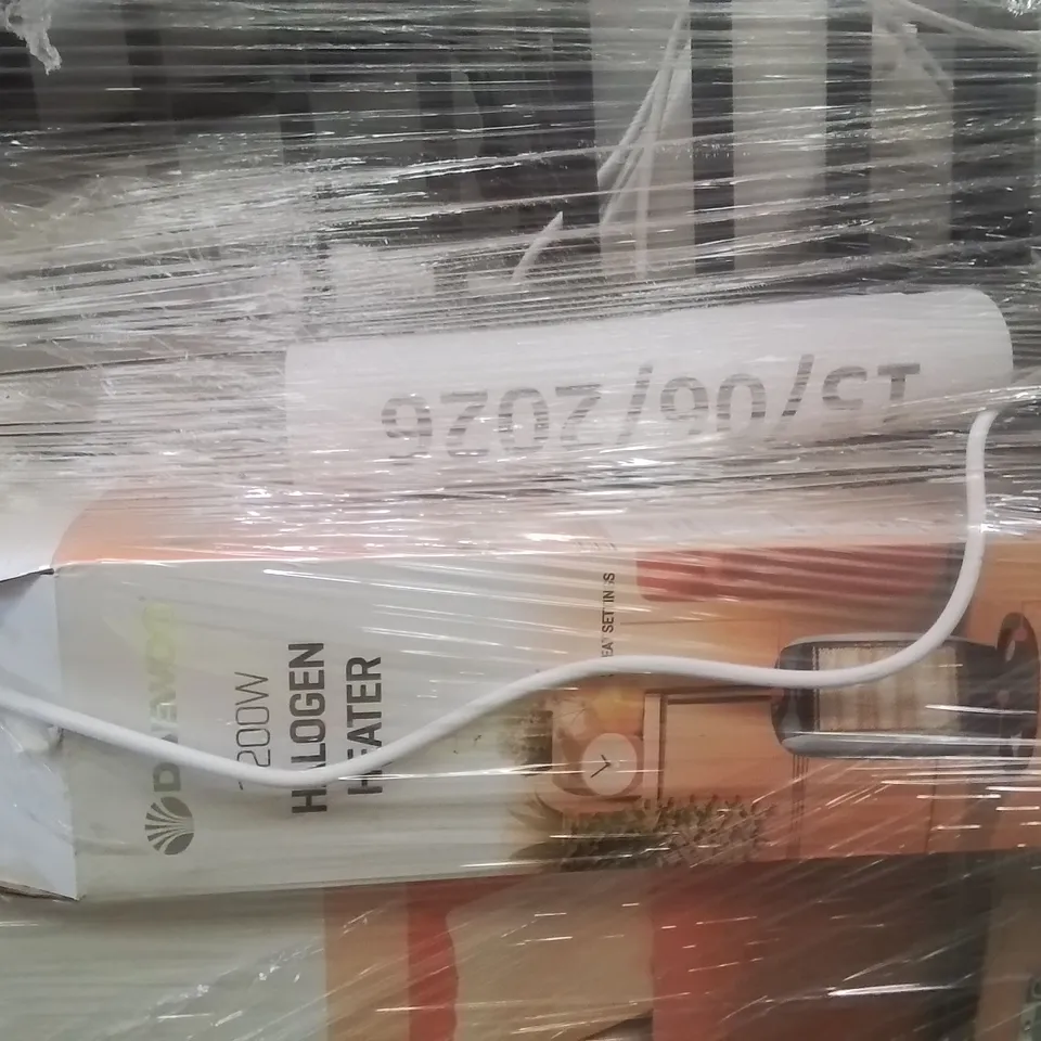 Pallet containing various electrical items and household products to include:500w oil filled radiator,1200w halogen heater,heating fan