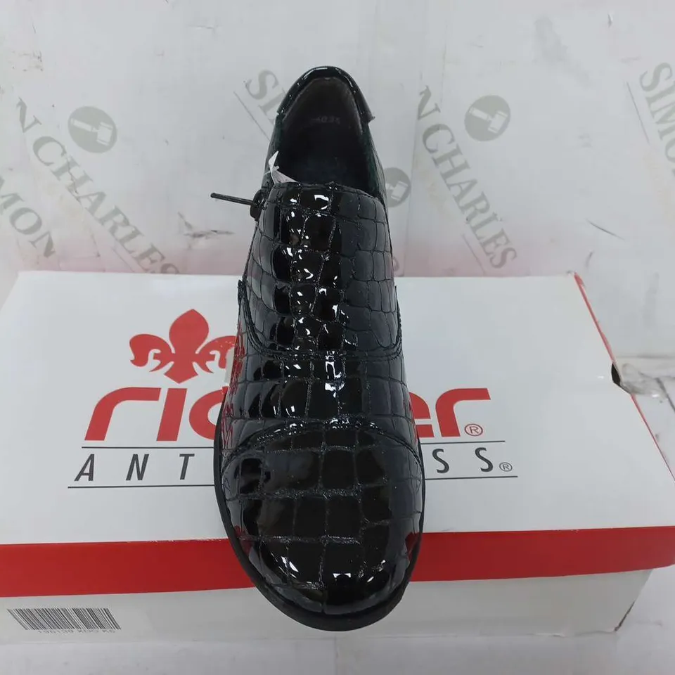 BOXED RIEKER LOW HEELED SHOE BOOTS, BLACK CROC - SIZE 38