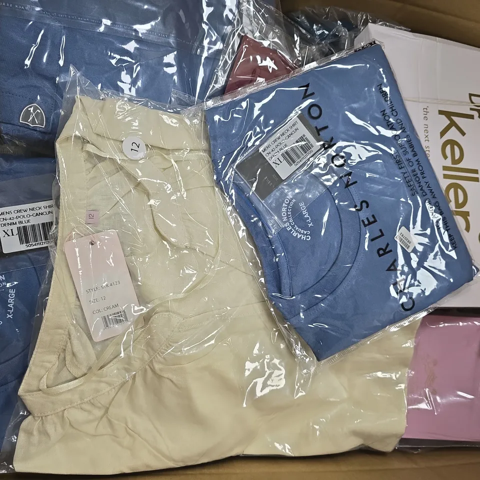 APPROXIMATELY 20 ASSORTED CLOTHING ITEMS IN VARIOUS SIZES, STYLES & COLOURS TO INCLUDE BRANDS SUCH AS DR KELLER, REGATTA, CHARLES NORTON, ETC - COLLECTION ONLY