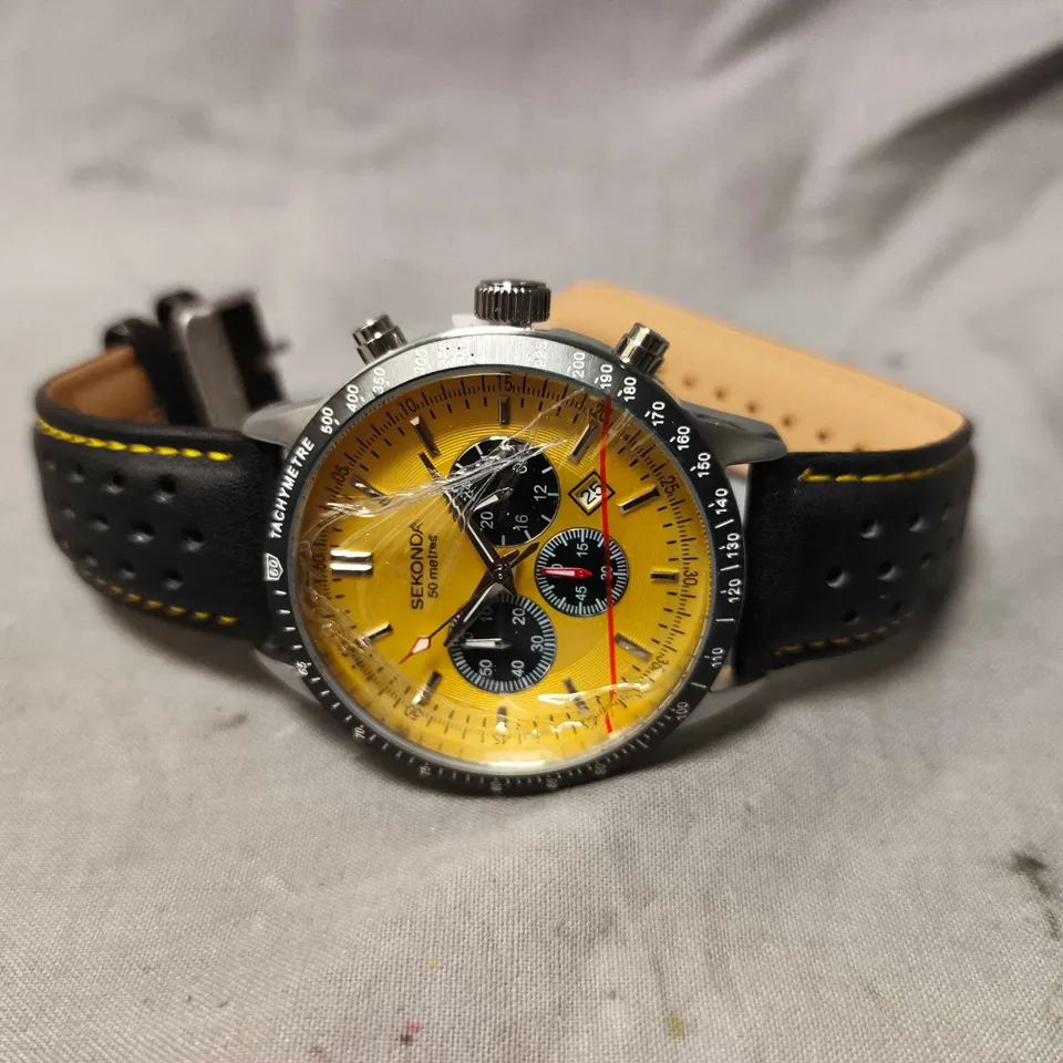 SEKONDA CHRONOGRAPH WATCH – YELLOW DIAL, BLACK PERFORATED STRAP