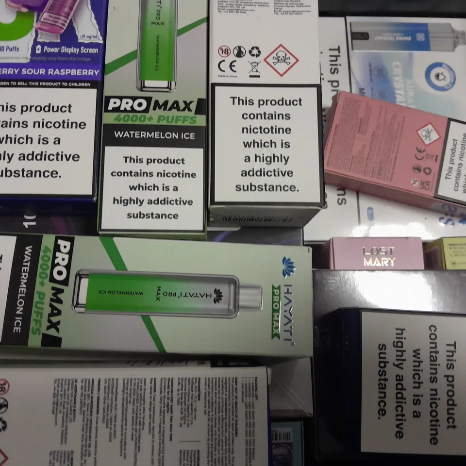 APPROXIMATELY 15 ASSORTED E-CIGARETTE PRODUCTS TO INCLUDE - LOST MARY , HATATI PRO MAX , AURA BAR CYSTAL PRIME ETC