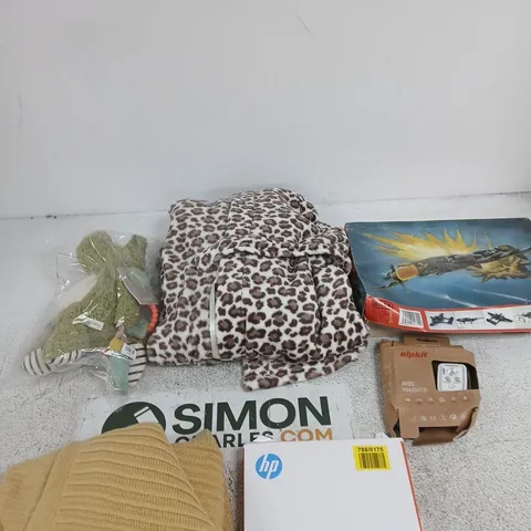 BOX OF APPROXIMATELY 10 ASSORTED ITEMS INCLUDING A P-16A BLACK WIDOW PLASTIC MODEL KIT, AN ALPKIT AVOS HEAD TORCH AND HP PREMIUM PAPER