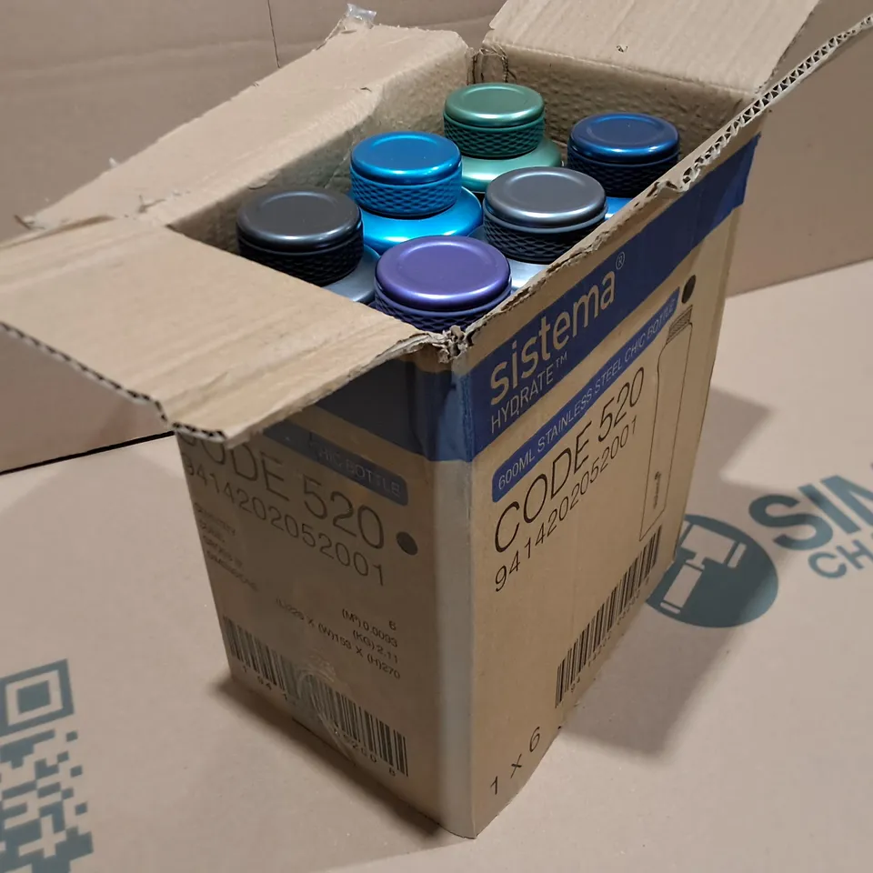 LOT OF 6 AS NEW SISTEMA 600ML DOUBLE WALLED STAINLESS STEEL DRINK CONTAINERS - ASSORTED COLOURS 