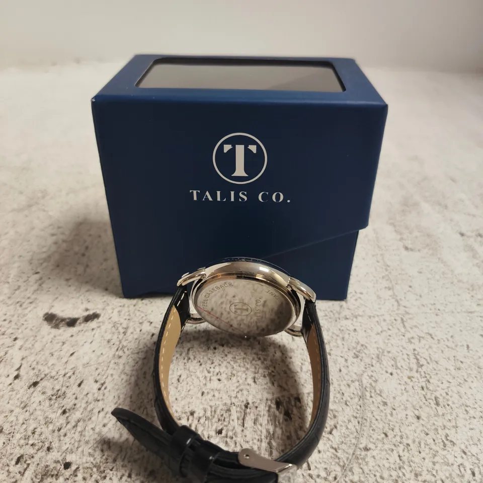 TALIS CO. WRISTWATCH - BLACK DIAL, ROMAN NUMERALS, LEATHER STRAP, IN BLUE DISPLAY BOX