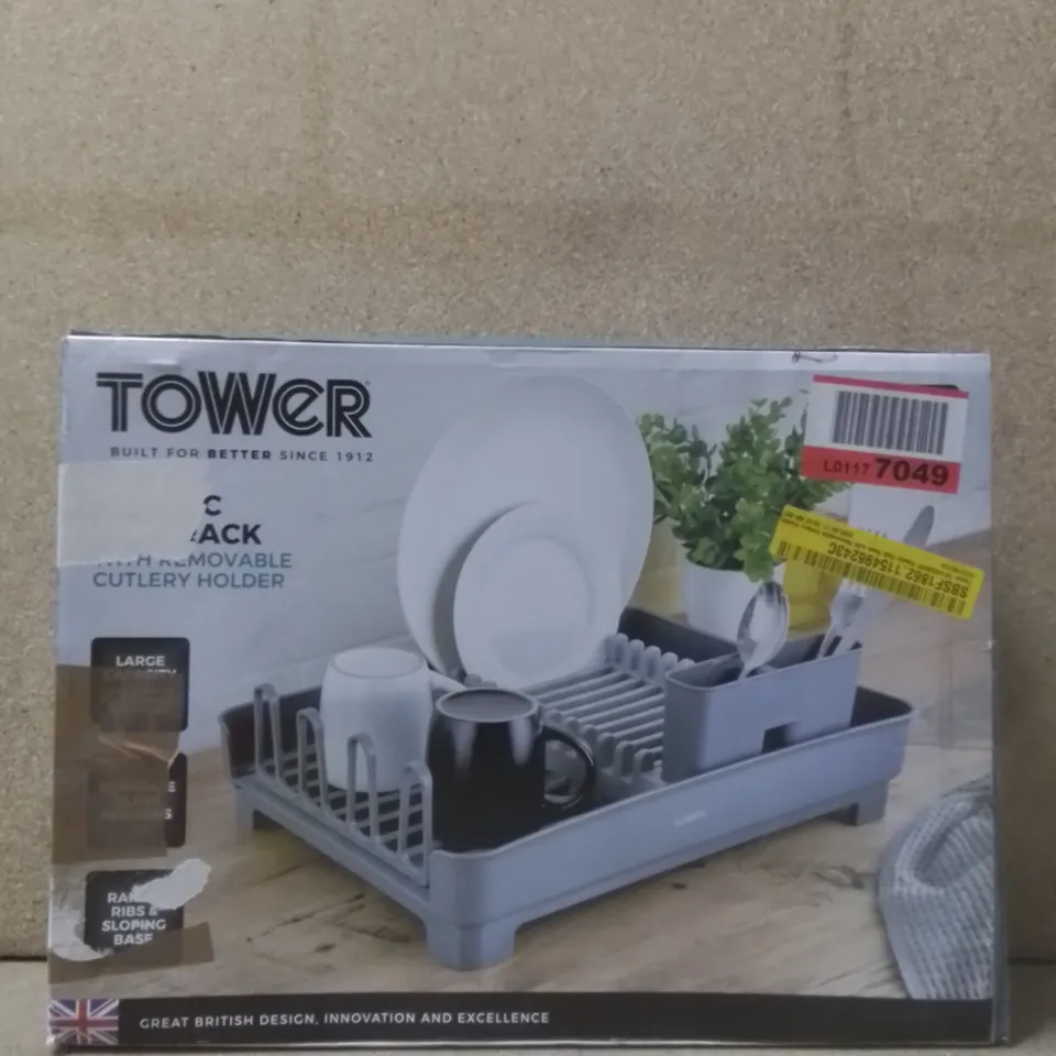 BOXED TOWER PLASTIC DISH RACK WITH REMOVABLE CUTLERY HOLDER