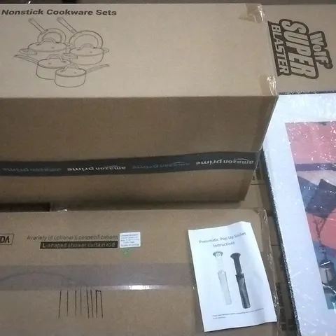 PALLET OF ASSORTED ITEMS INCLUDING ,AN L SHAPED SHOWER ROD , ART , PNEUMATIC POP UP SOCKET , 6 PIECE ALUMINUM NON STICK SET