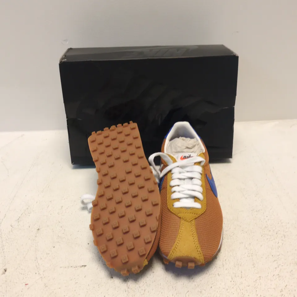 NIKE TRAINERS – BROWN/TAN MESH WITH BLUE SWOOSH (UK 4)