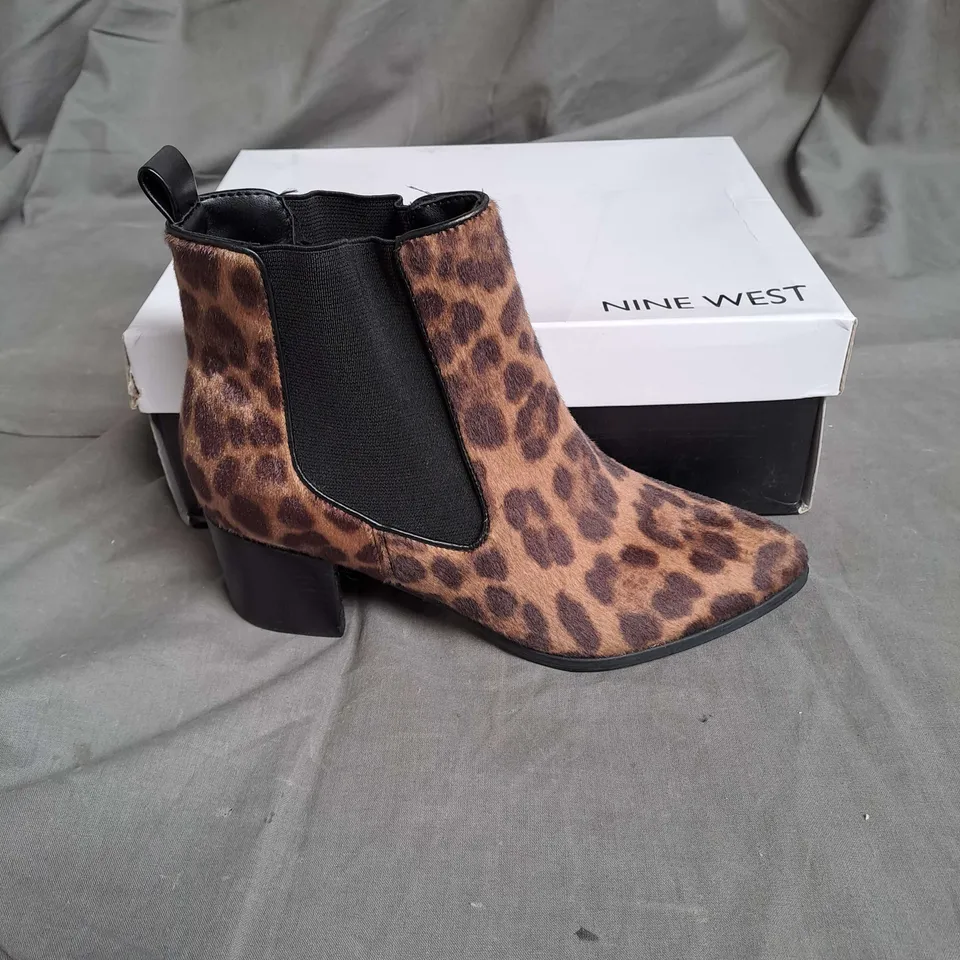 BOXED PAIR OF NINE WEST SYNTHETIC ANKLE BOOTS IN LEOPARD SIZE EU 35