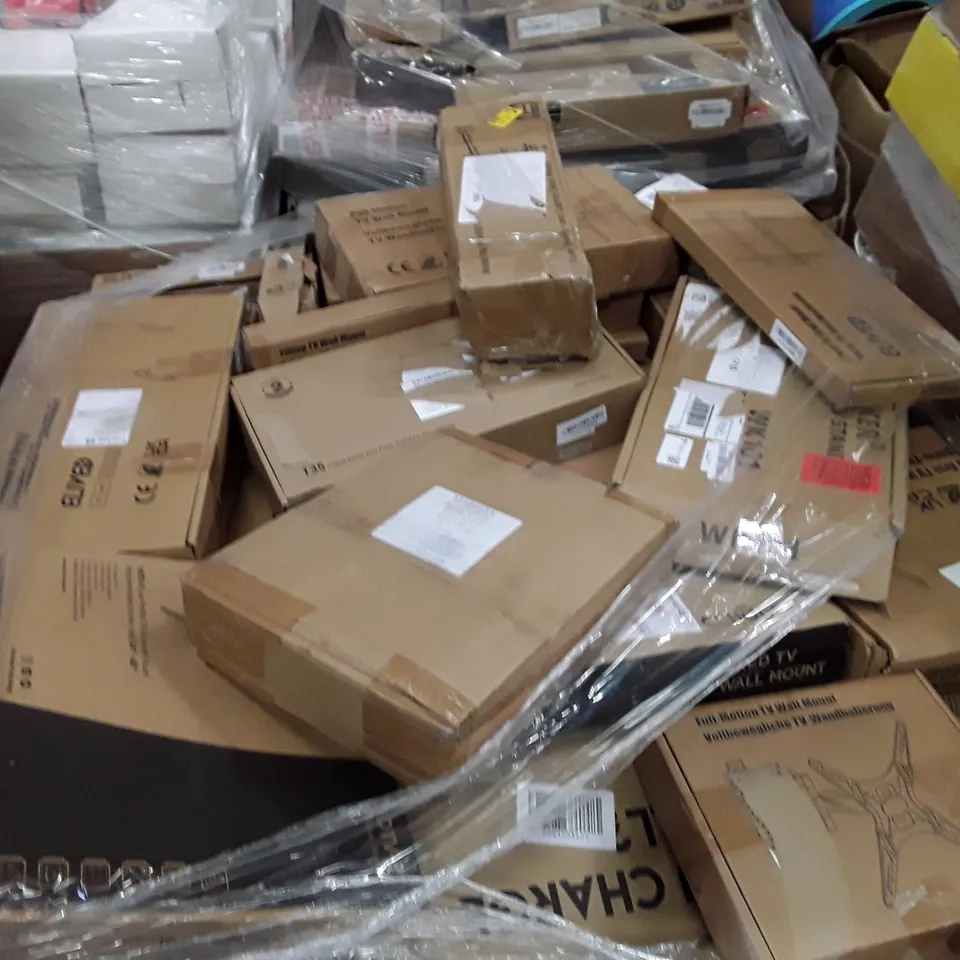 PALLET CONTAINING AN ASSORTMENT OF FULL TV AND MONITOR WALL MOUNT AND TV STAND ECT 