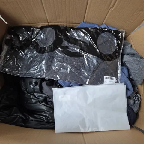 LARGE BOX OF APPROXIMATELY 20 ASSORTED CLOTHING ITEMS IN VARIOUS SIZES, STYLES AND COLOURS