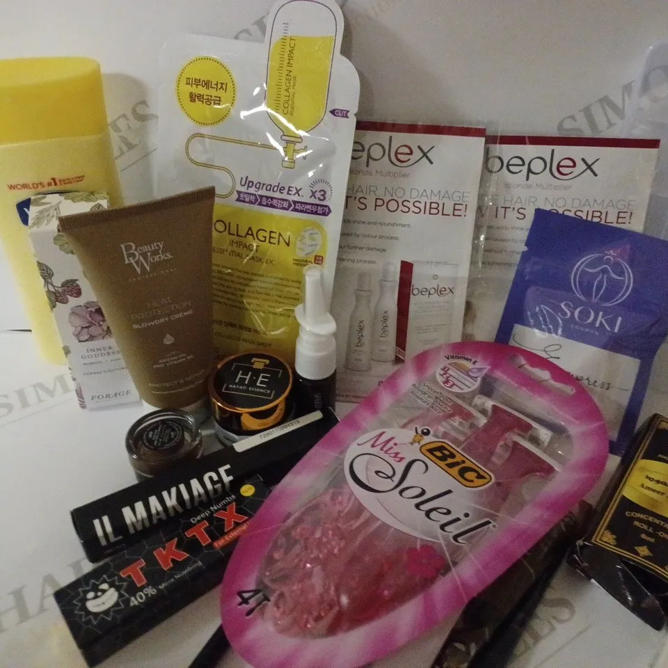 LOT OF APPROX. 20 ASSORTED HEALTH & BEAUTY PRODUCTS TO INCLUDE COLLAGEN IMPACT ESSENTIAL MASK, CELL HAPPY CO SUN CREAM, BEAUTY WORKS HEAT PROTECTION BLOWDRY CRÈME ETC. 