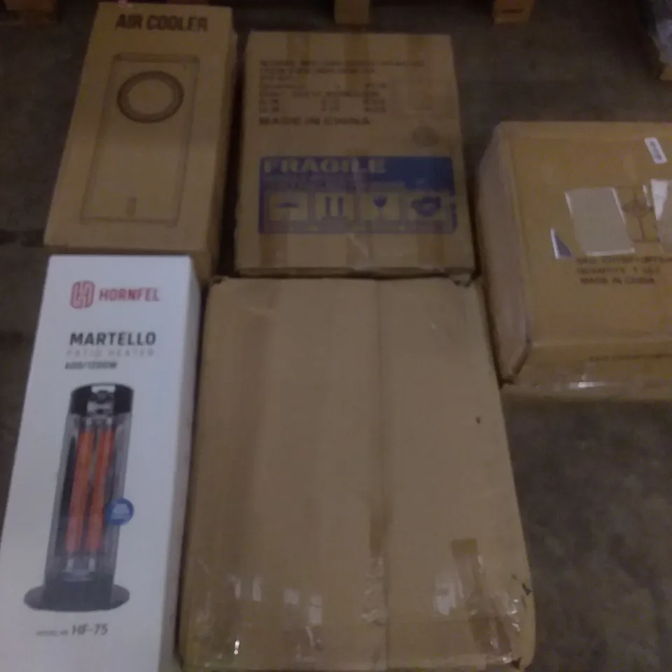 PALLET OF ASSORTED ITEMS INCLUDING ECO-WORTHY HIGH EFFICENCY SOLAR MODULE, HIRONPAL OFFICE CHAIR, AIR COOLER, HORNFEL MARTELLO PATIO HEATER, COMOMA OFFICE CHAIR, MICROWAVE OVEN RACK