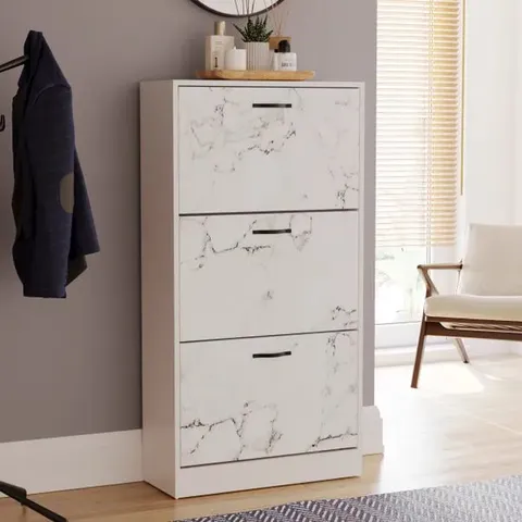 BOXED VIDA 3 DRAWER SHOE CABINET - WHITE MARBLE EFFECT (1 BOX)