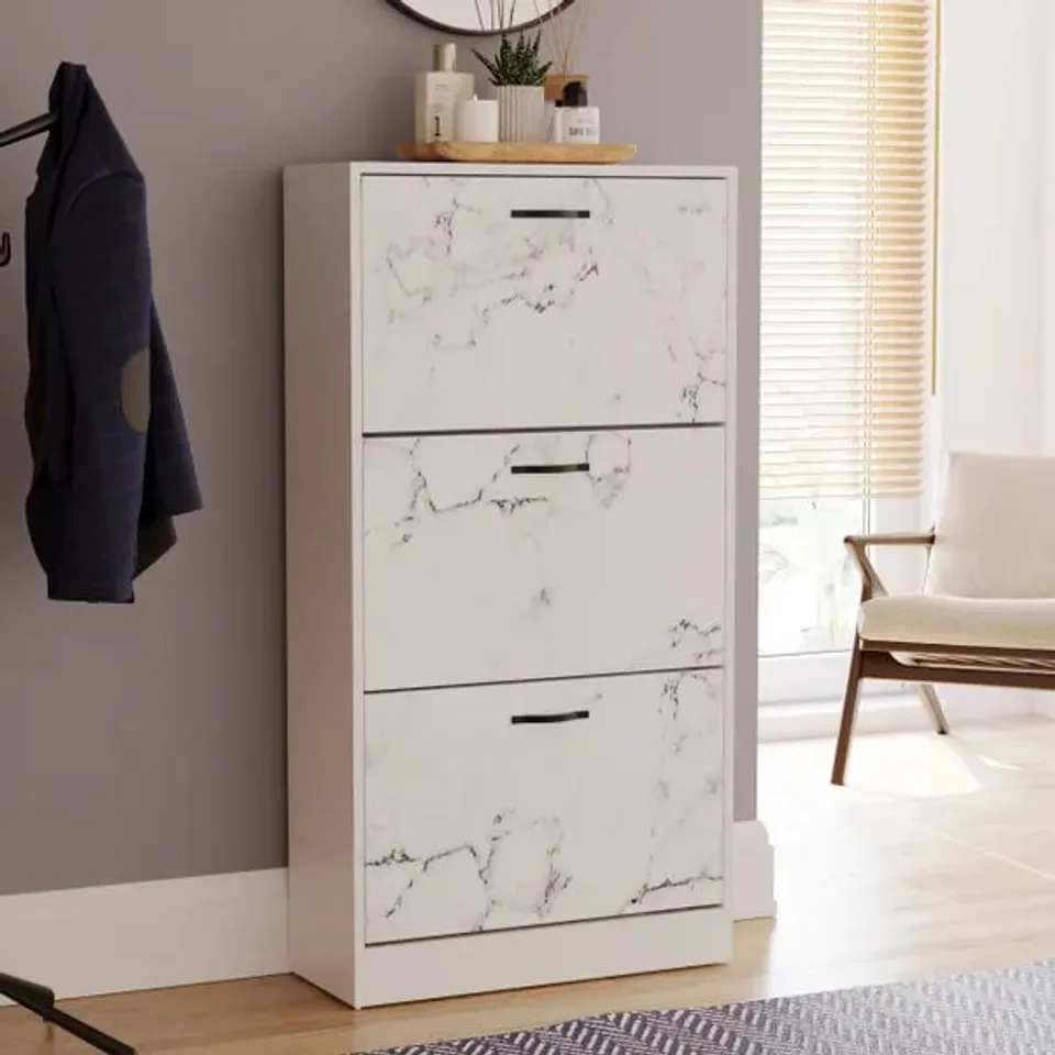 BOXED VIDA 3 DRAWER SHOE CABINET - WHITE MARBLE EFFECT (1 BOX)