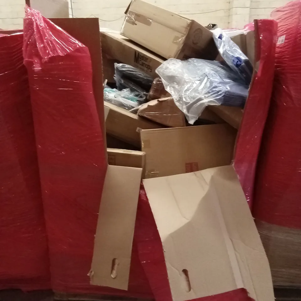 PALLET OF ASSORTED HOUSEHOLD GOODS & PRODUCTS TO INCLUDE; FOLDABLE CAMPING BED, CANOPY, BOXED FURNITURE ETC 