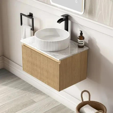 BOXED MALTA FLUTED COUNTRY OAK WALL HUNG DRAWER VANITY WITH MARBLE