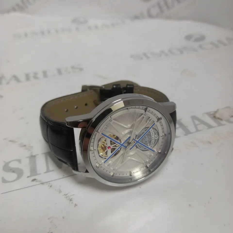MENS VONLANTHEN AUTOMATIC WATCH – SILVER AND BLUE TEXTURED DIAL – SILVER COLOUR CASE - GLASS EXHIBITION BACKCASE – BLACK LEATHER STRAP