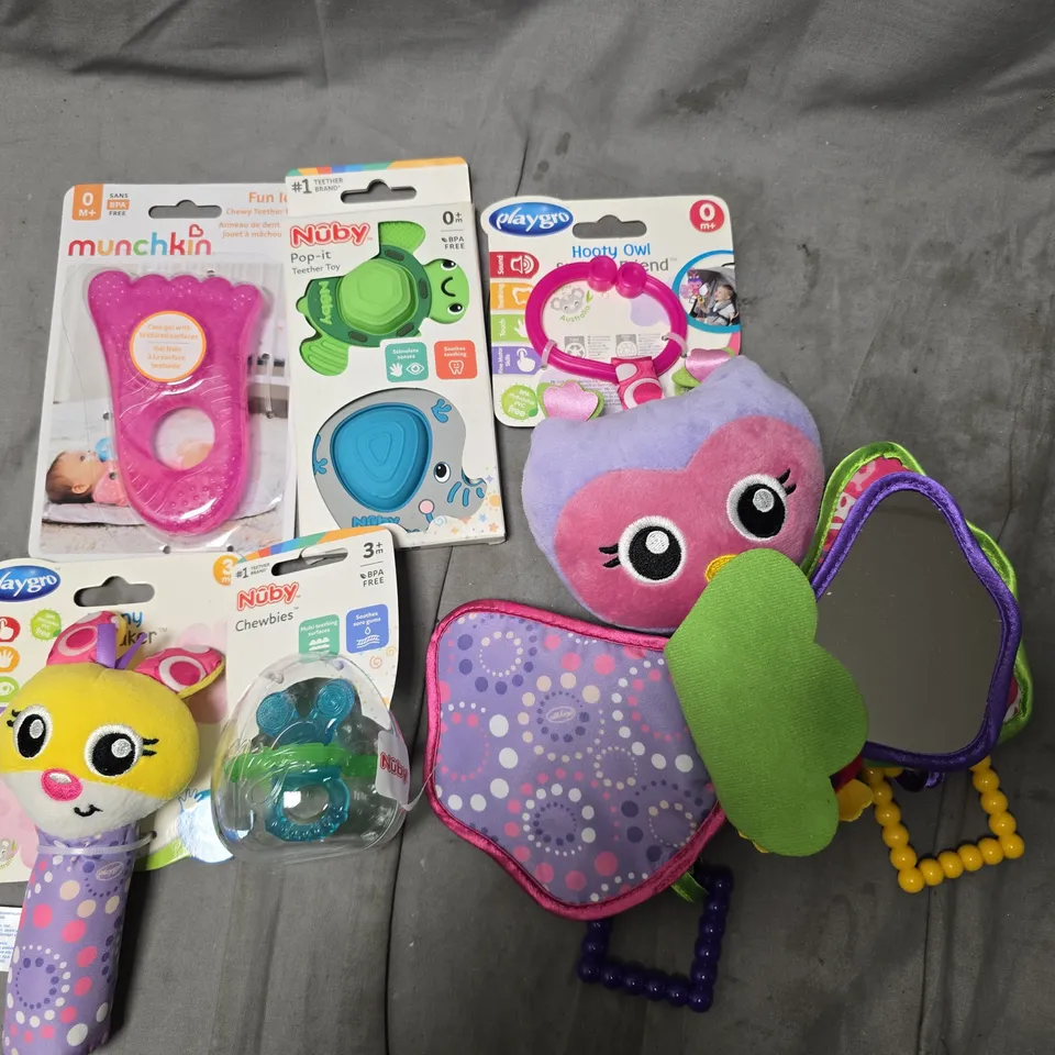 BABY TOYS LOT – MUNCHKIN TEETHER, NUBY POP-IT TEETHER, PLAYGRO OWL RATTLE & NUBY CHEWBIES