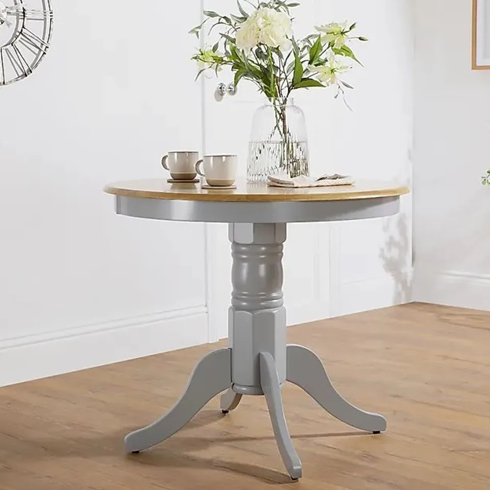 BOXED KINGSTON ROUND PINTED GREY AND OAK 90CM DINING TABLE (2 BOXES)