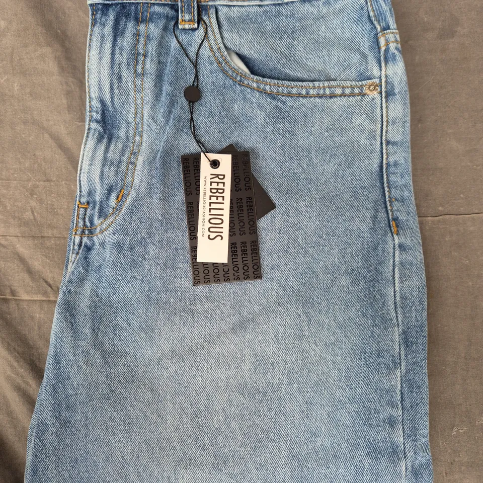 REBELLIOUS MID WASH DISTRESSED/RIPPED KNEE EXTRA LONG JEANS IN BLUE SIZE UK 10