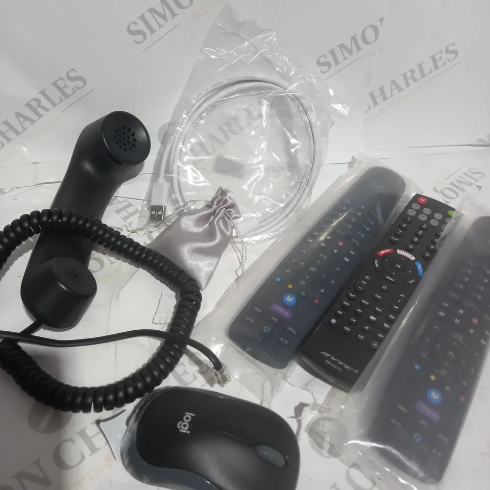 BOX OF APPROXIMATELY 20 ASSORTED ITEMS TO INCLUDE - LOGI MOUSE, TV REMOTES, TELEPHONE HEAD ECT